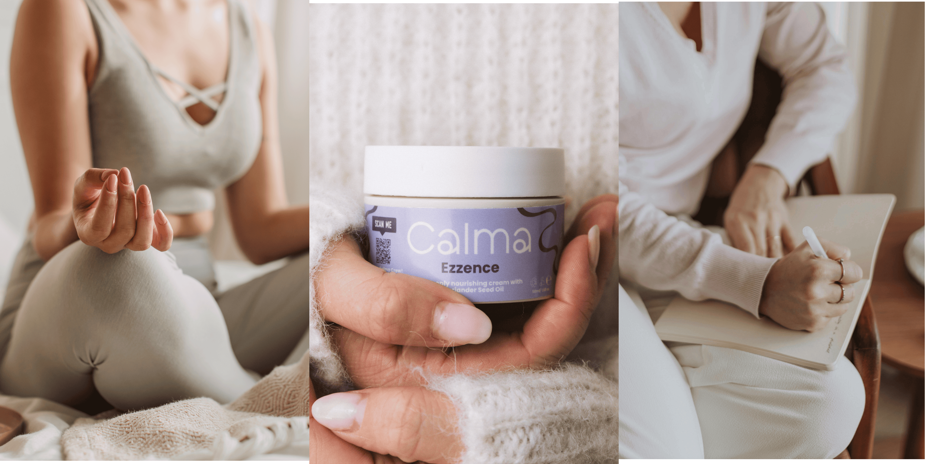 Collage of a woman meditating, a hand holding a jar labeled 'Calma - deeply nourishing cream with coriander seed oil', and a couple sitting together.