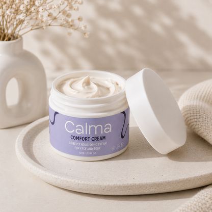 Calma comfort cream jar on a neutral background with decorative elements