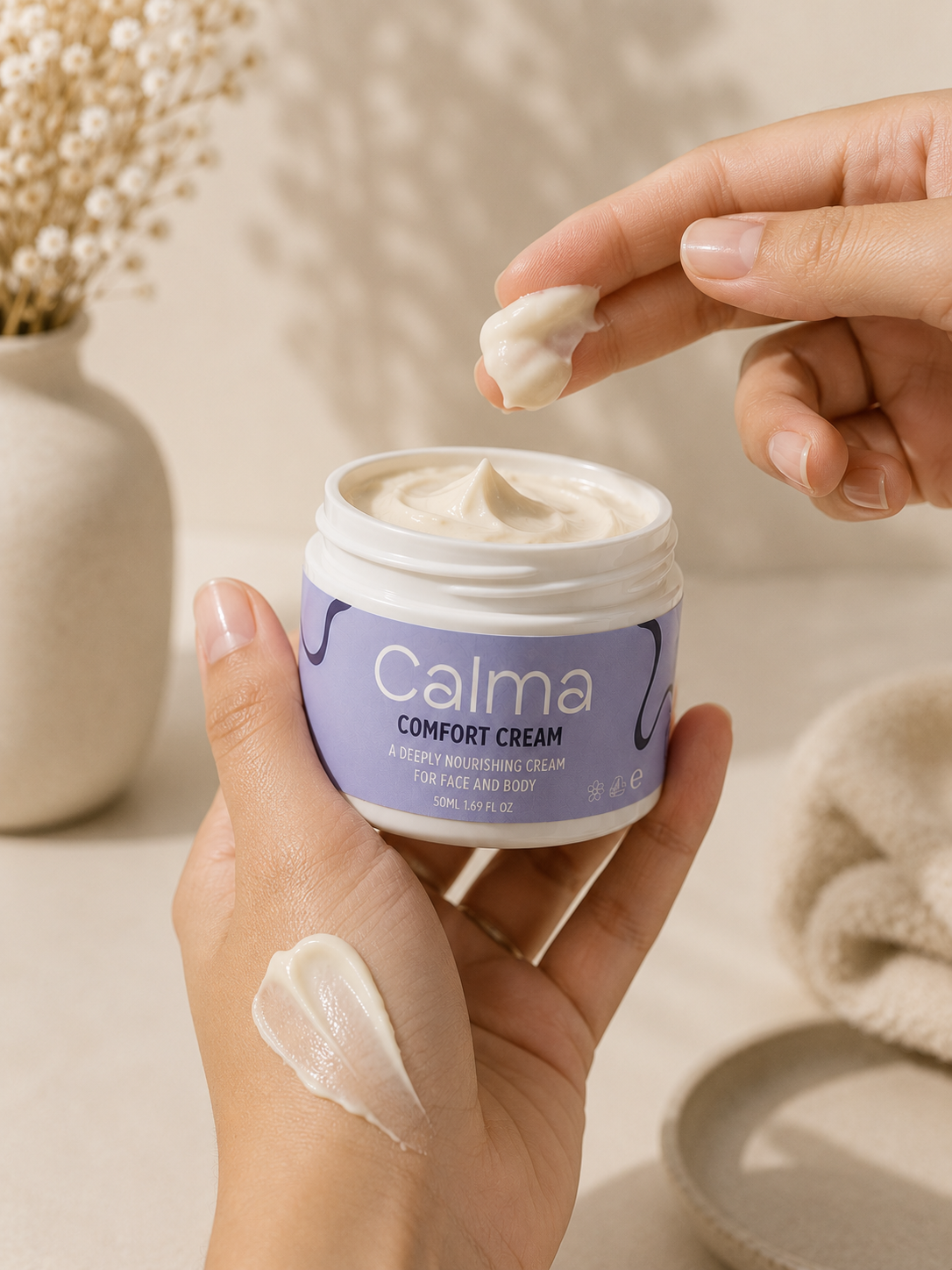 Person applying Calma Comfort Cream to their hand with a neutral background